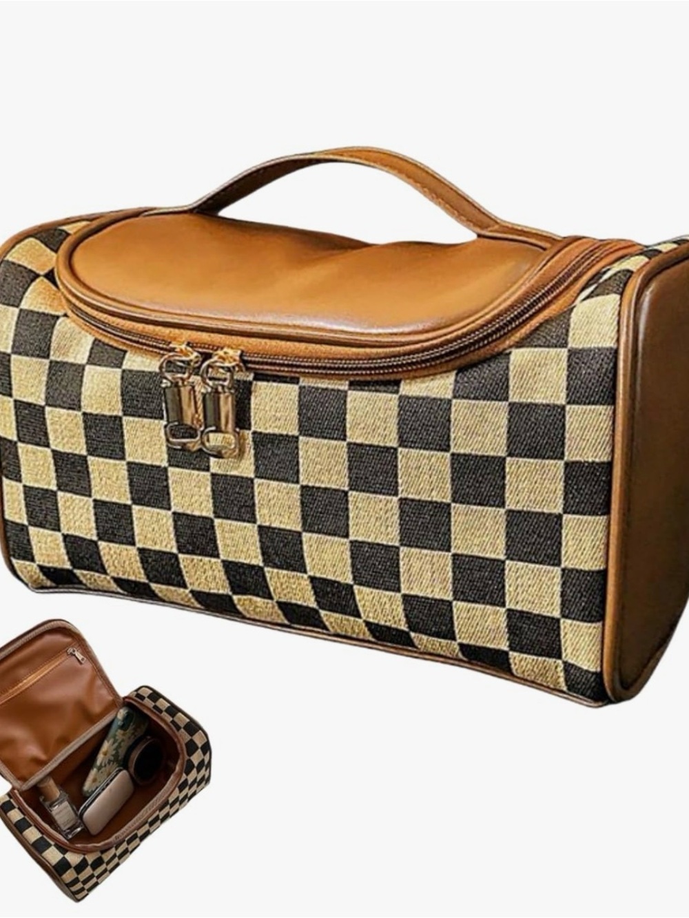 So Cute! Cream Black Checkered Brown Trim Make Up Vacation Travel Cosmetic Case